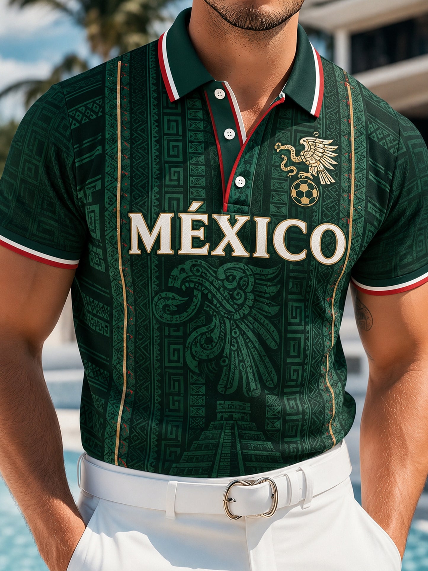 Camiseta polo con estampado artístico de elementos de animación en un partido de fútbol mexicano para hombre