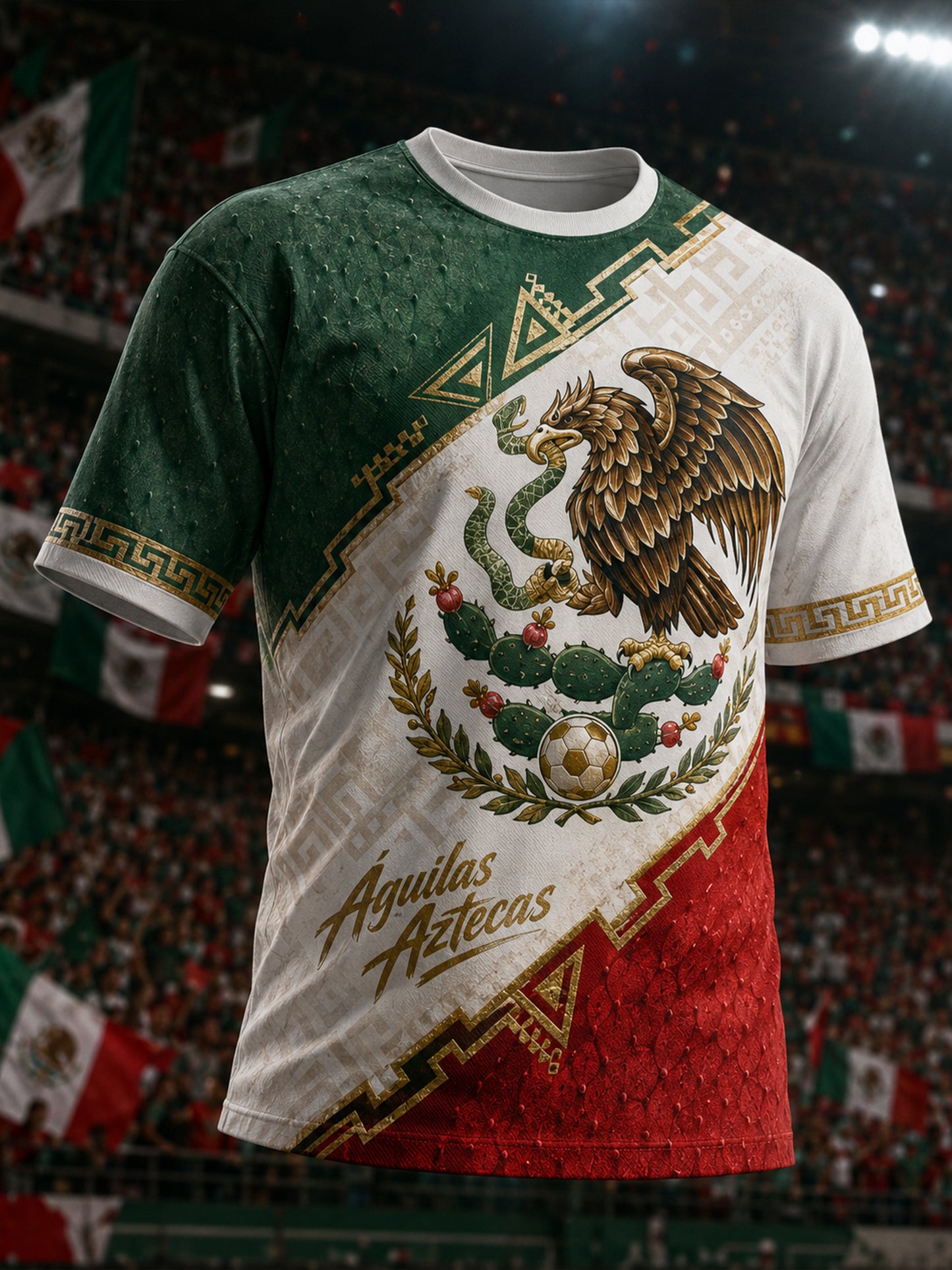 Camiseta con estampado artístico de elementos de animación en un partido de fútbol mexicano para hombre
