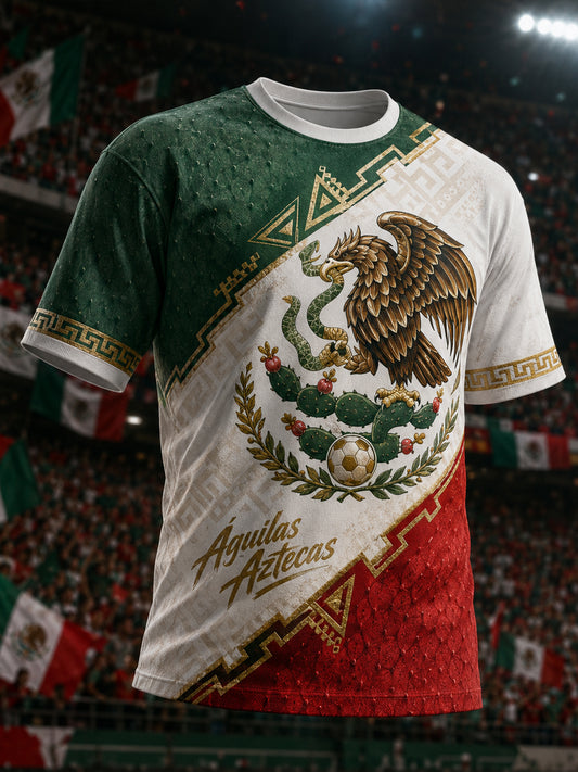Camiseta con estampado artístico de elementos de animación en un partido de fútbol mexicano para hombre