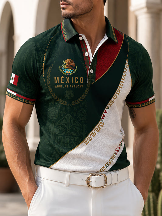 Camiseta polo con estampado artístico de elementos de animación en un partido de fútbol mexicano para hombre