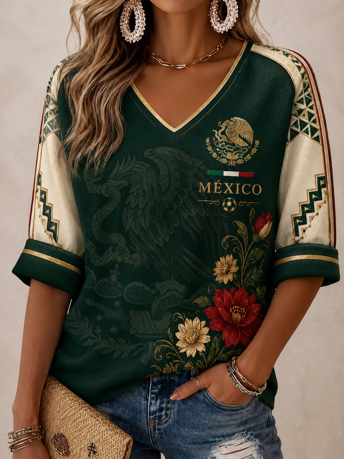 Top con cuello en V estampado de arte de elemento de animar de partido de fútbol mexicano para mujer