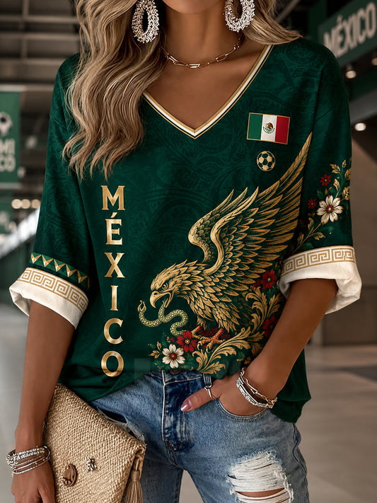 Camiseta de cuello en V con estampado artístico de elemento de animación para partido de fútbol femenino mexicano