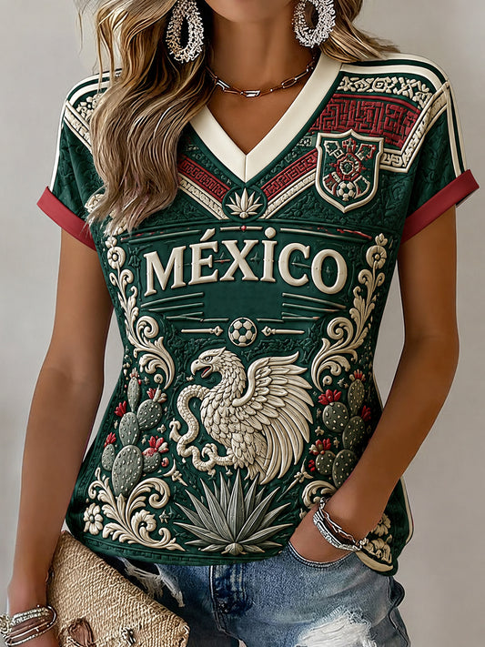 Camiseta estampada casual de fan de fútbol mexicano para mujer