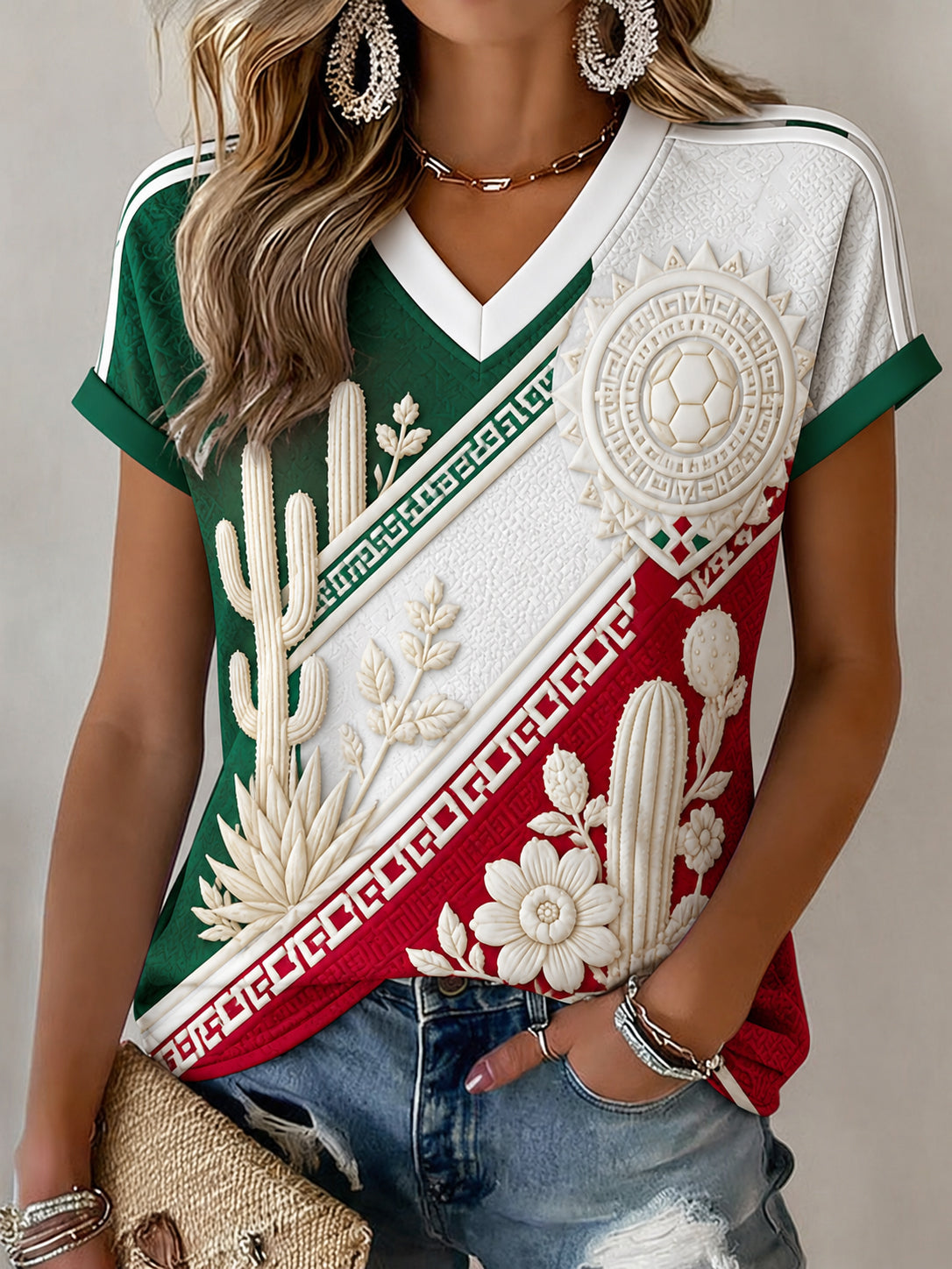 Camiseta informal estampada de aficionada mexicana de fútbol para mujer