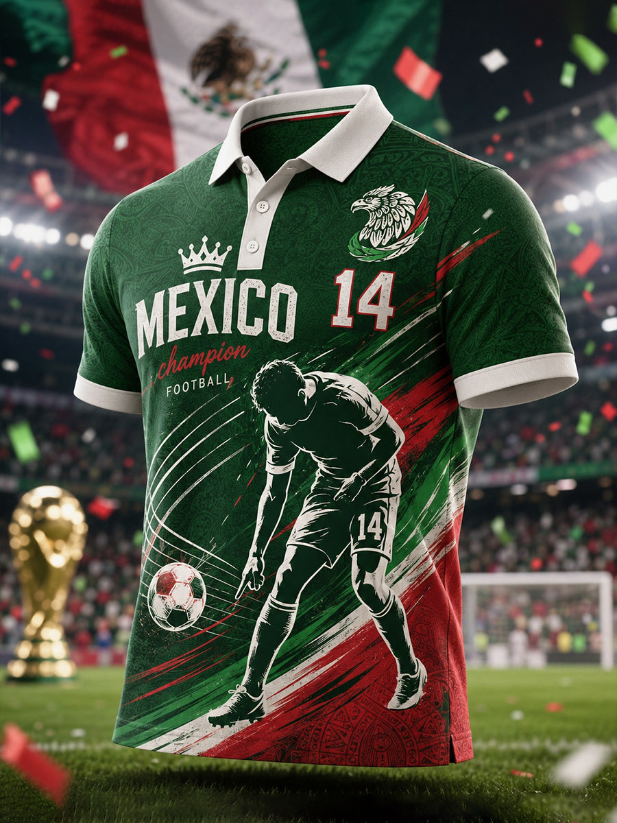 Camiseta polo con estampado artístico de aficionados en un partido de fútbol mexicano para hombre