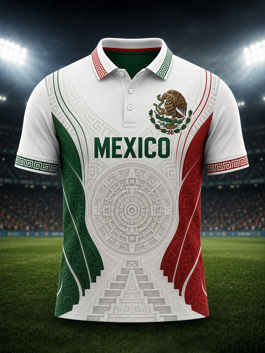 Camiseta polo con estampado artístico de aficionados en un partido de fútbol mexicano para hombre
