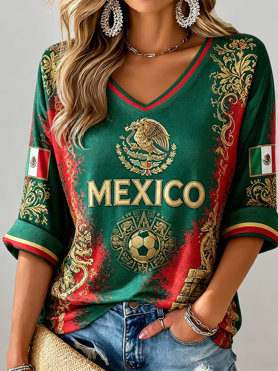 Camiseta de mujer de fútbol de México, estampada, manga media y cuello en V