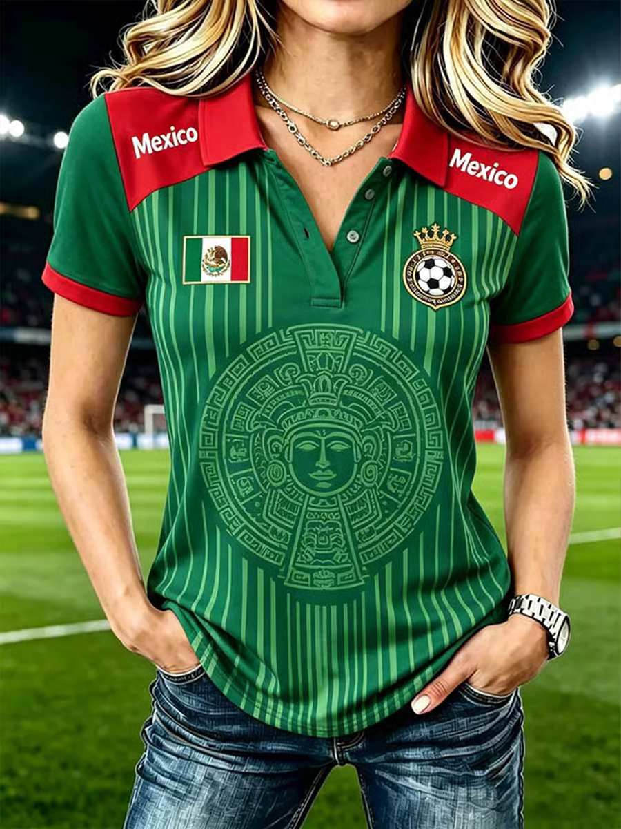 Camiseta de polo con estampado de fútbol de México para mujer
