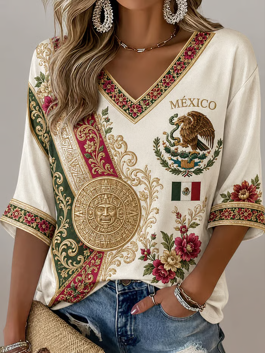 Camiseta de mujer de fútbol de México, estampada, manga media y cuello en V