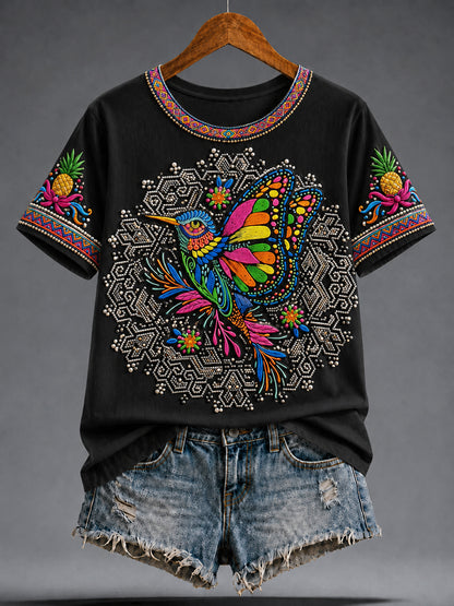 Camiseta estampada con arte mexicano de la Guelaguetza femenina