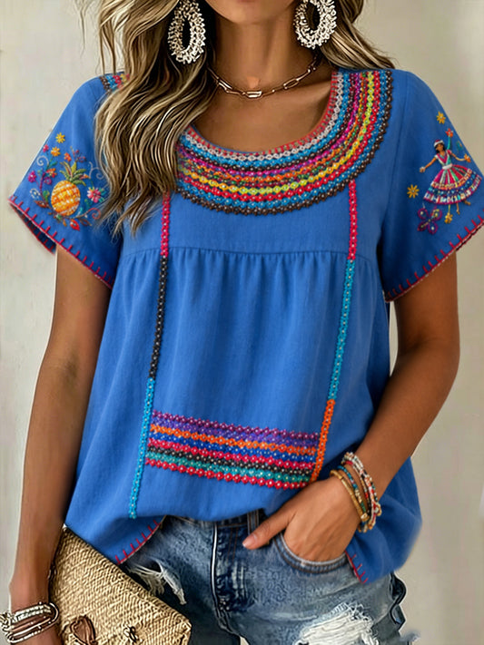 Camisetas de lino estampadas con arte mexicano de la Guelaguetza femenina