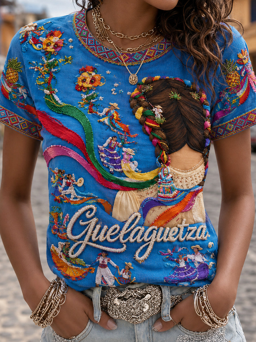 Camiseta de lino estampada con arte mexicano de la Guelaguetza femenina