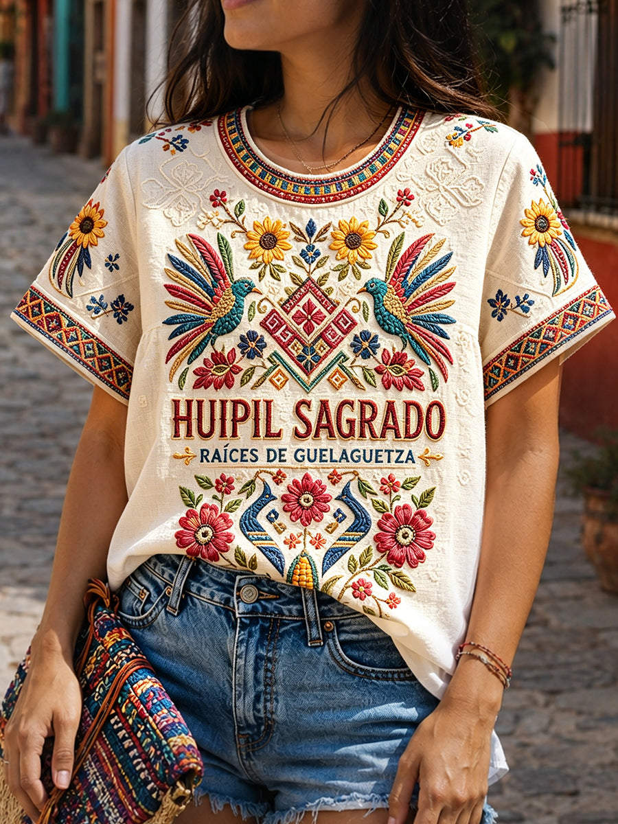 Camiseta de lino estampada con arte mexicano de la Guelaguetza femenina