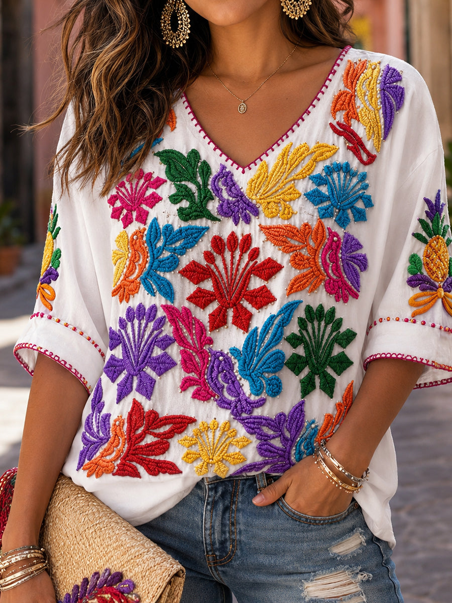 Camisetas de lino estampadas con arte mexicano de la Guelaguetza femenina
