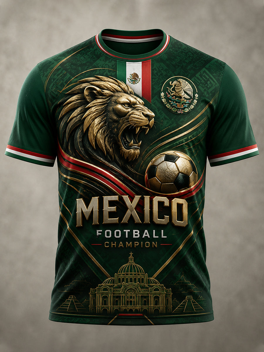 Camiseta con estampado artístico de elementos de animación en un partido de fútbol mexicano para hombre