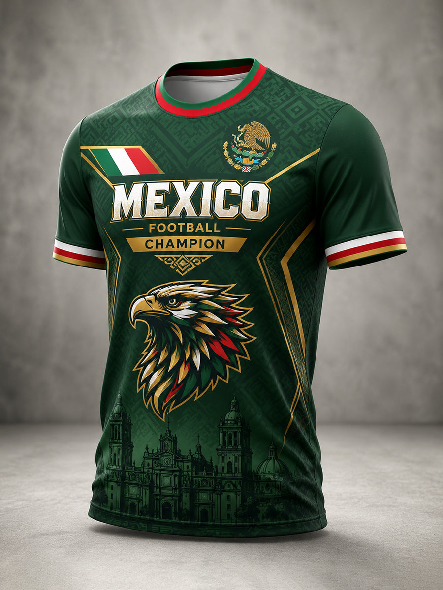 Camiseta con estampado artístico de elementos de animación en un partido de fútbol mexicano para hombre