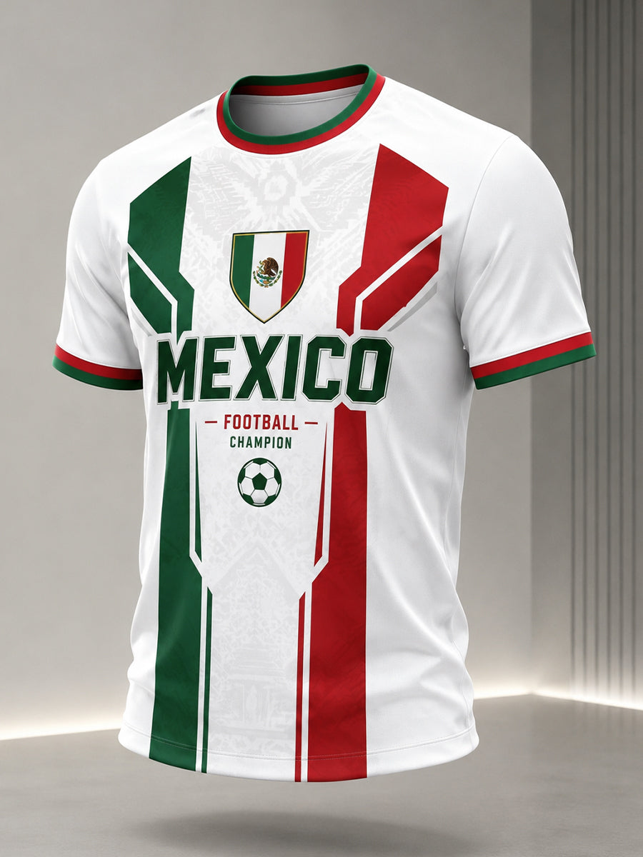 Camiseta con estampado artístico de elementos de animación en un partido de fútbol mexicano para hombre