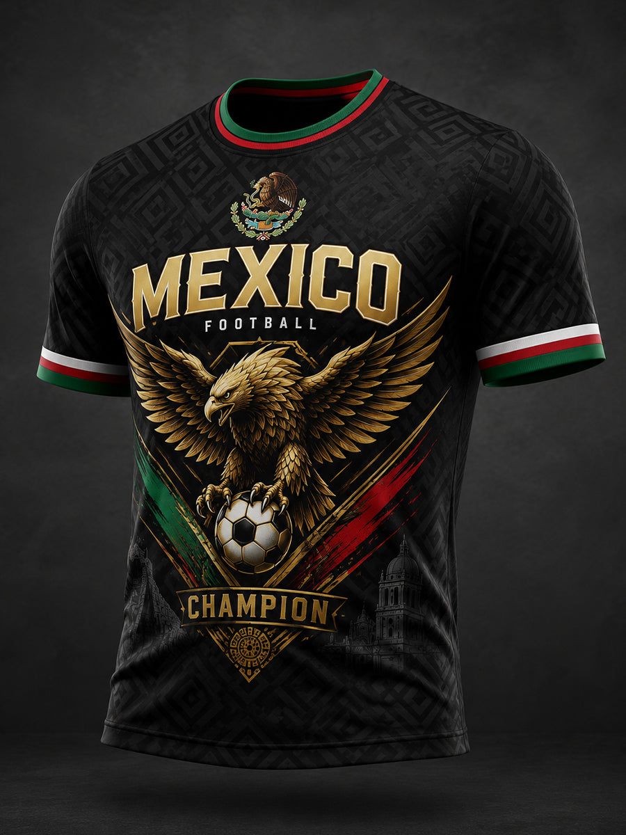 Camiseta con estampado artístico de elementos de animación en un partido de fútbol mexicano para hombre
