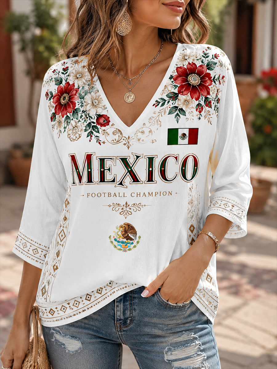 Camiseta de cuello en V con estampado artístico de elemento de animación para partido de fútbol femenino mexicano