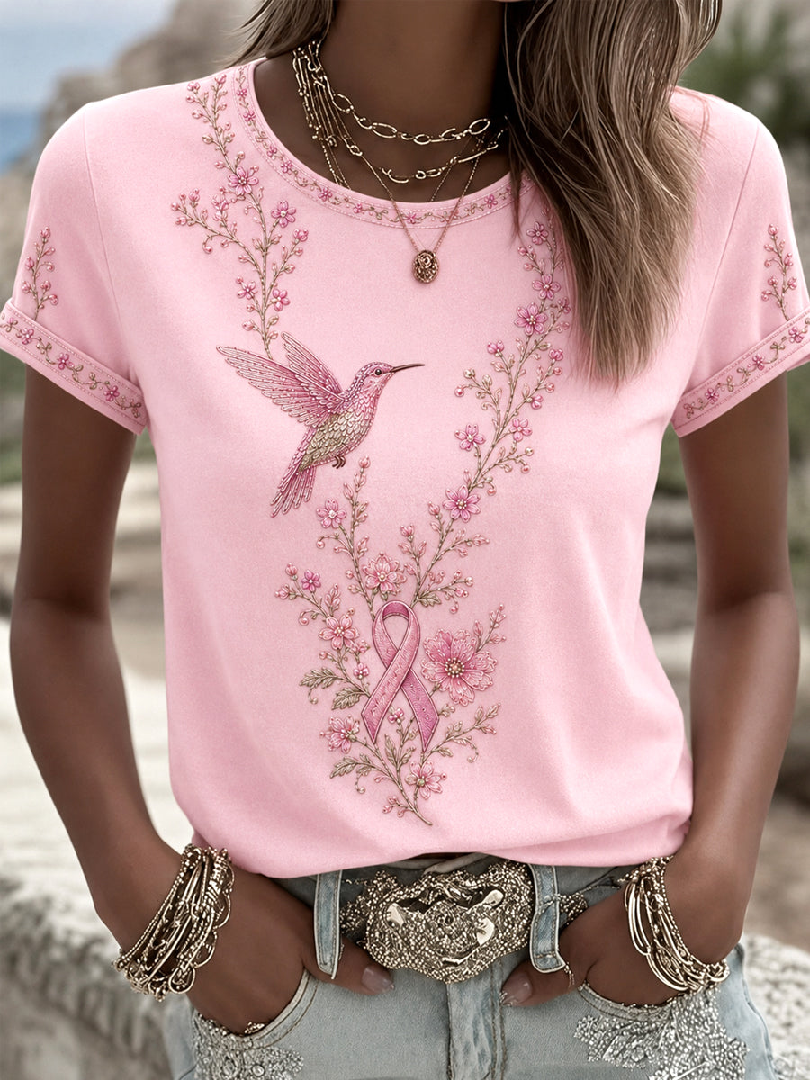 Mujer Rosa Floral & Hummingbird Print Breast Cancer Awareness Support Tee