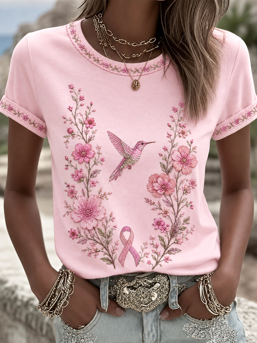 Camiseta de apoyo a la concienciación sobre el cáncer de mama para mujer, con estampado floral rosa y colibríes