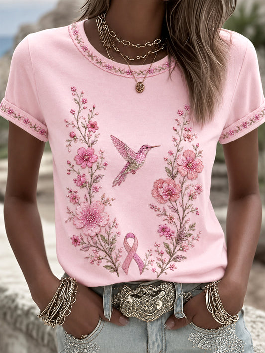Camiseta de apoyo a la concienciación sobre el cáncer de mama para mujer, con estampado floral rosa y colibríes
