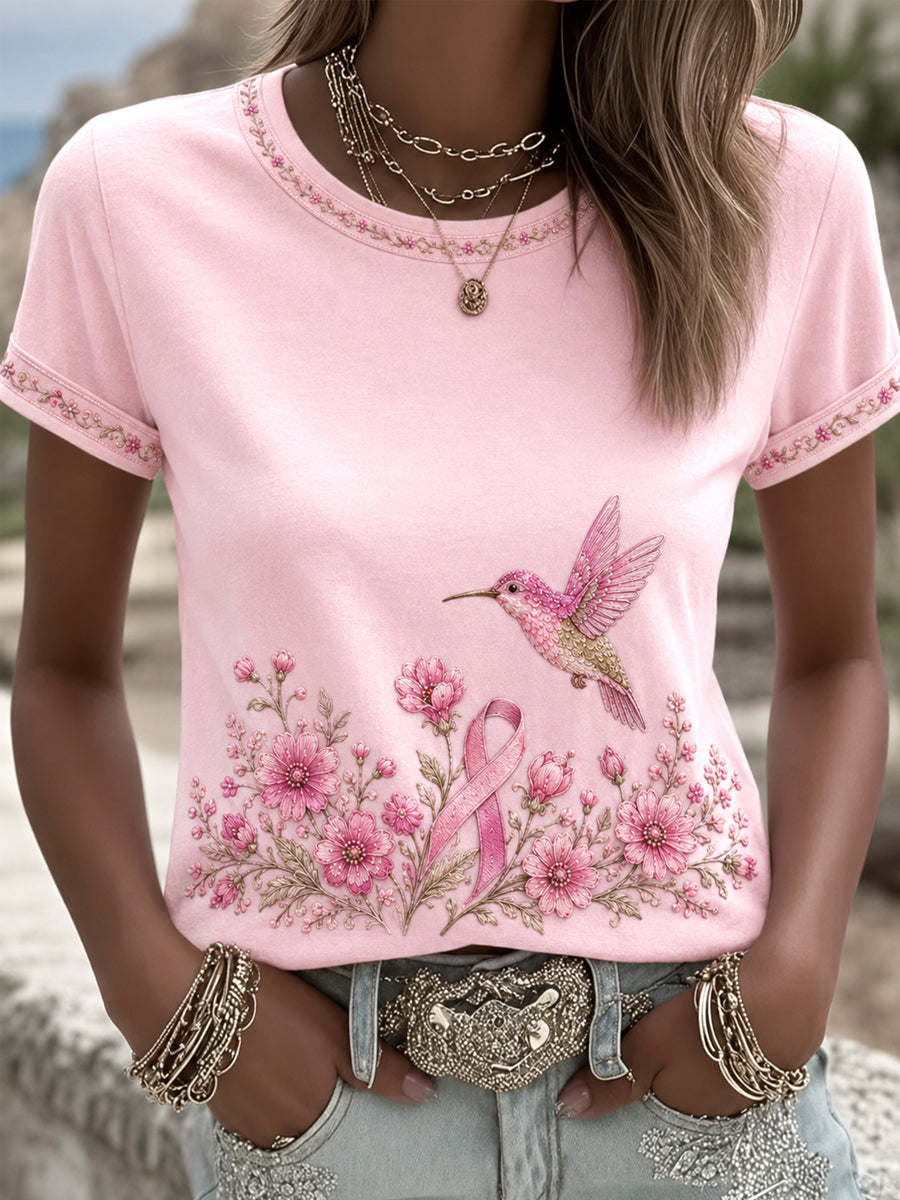 Camiseta de apoyo a la concienciación sobre el cáncer de mama para mujer, con estampado floral rosa y colibríes