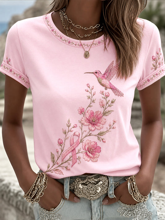 Camiseta de apoyo a la concienciación sobre el cáncer de mama para mujer, con estampado floral rosa y colibríes