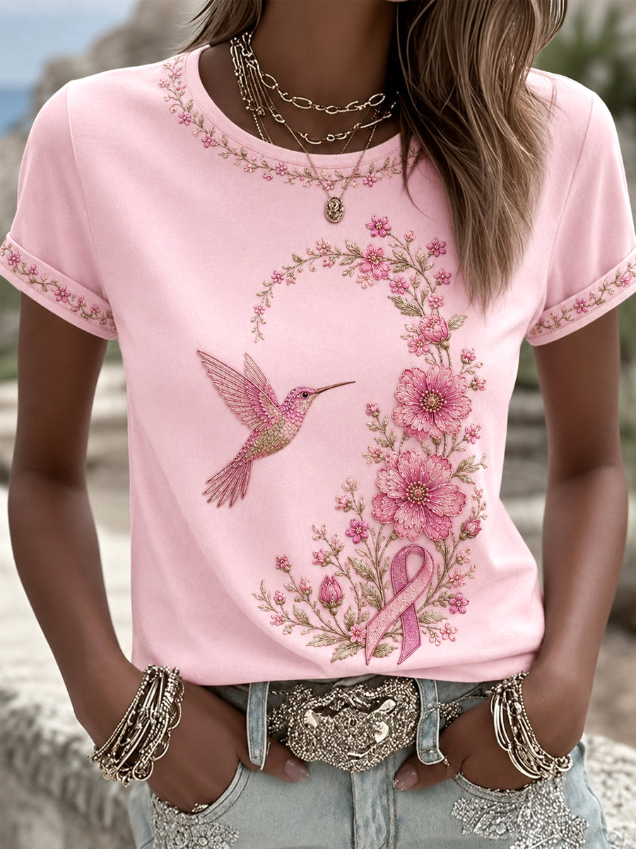Camiseta de apoyo a la concienciación sobre el cáncer de mama para mujer, con estampado floral rosa y colibríes