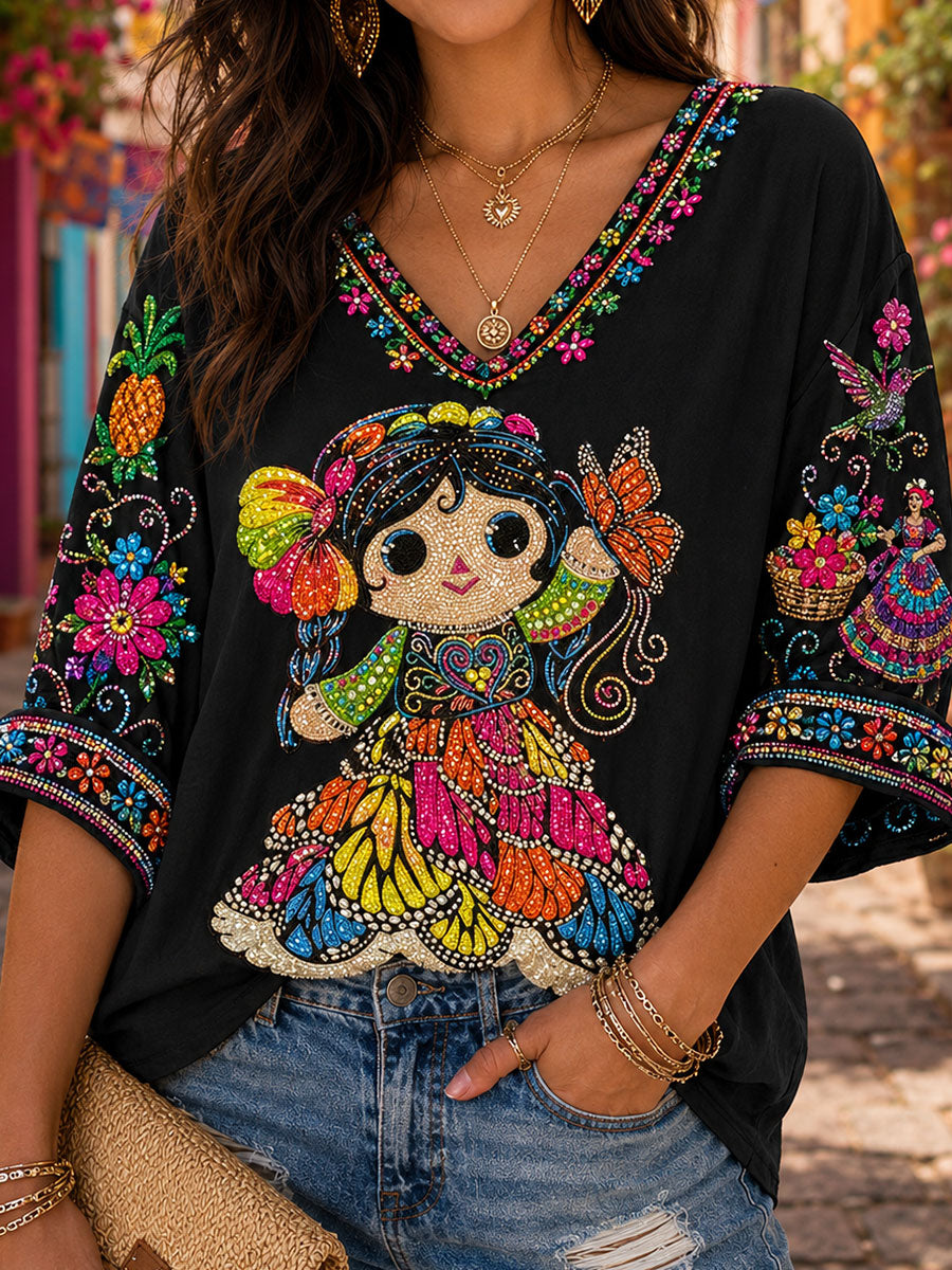 Camiseta de lino estampada con arte de muñeca Lele mexicana para mujer, Guelaguetza
