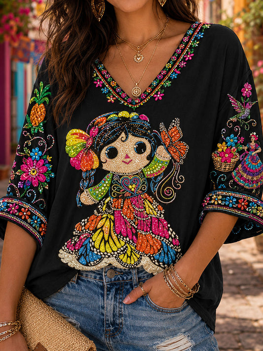 Camiseta de lino estampada con arte de muñeca Lele mexicana para mujer, Guelaguetza