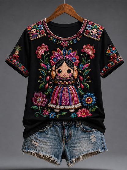 Camiseta estampada México Guelaguetza Lele Doll Art para mujer