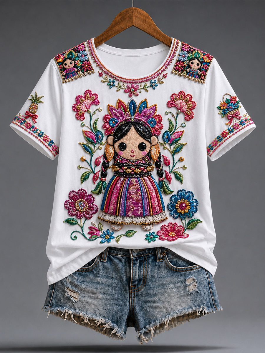 Camiseta estampada México Guelaguetza Lele Doll Art para mujer