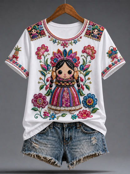 Camiseta estampada México Guelaguetza Lele Doll Art para mujer