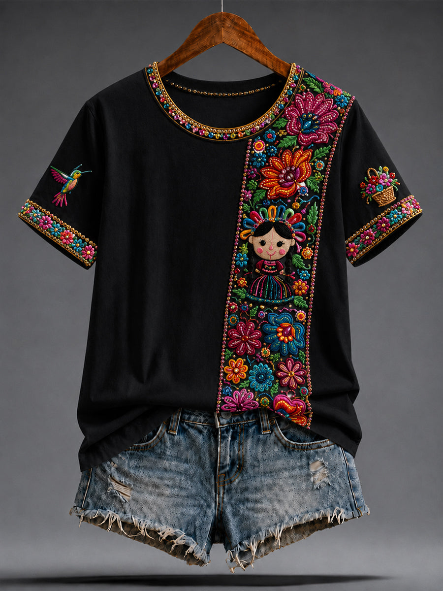 Camiseta estampada con arte de la muñeca Lele mexicana Guelaguetza para mujer