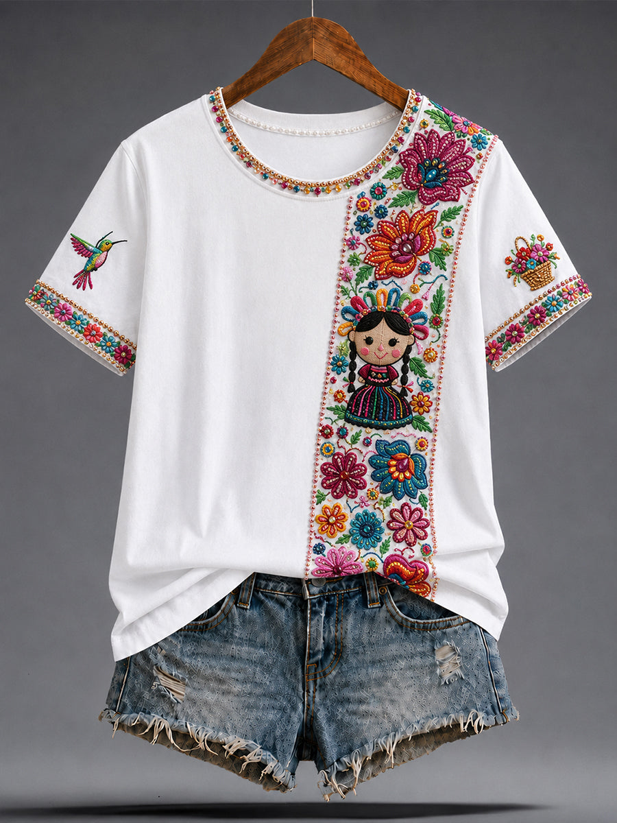 Camiseta estampada con arte de la muñeca Lele mexicana Guelaguetza para mujer