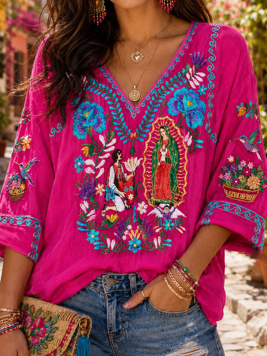 Camiseta de lino México Guelaguetza Art Printed para mujer