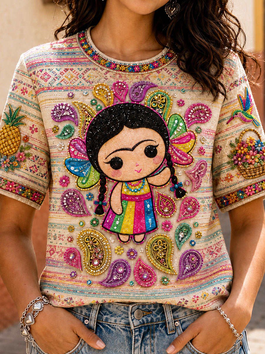 Camiseta estampada con arte de la muñeca Lele mexicana Guelaguetza para mujer