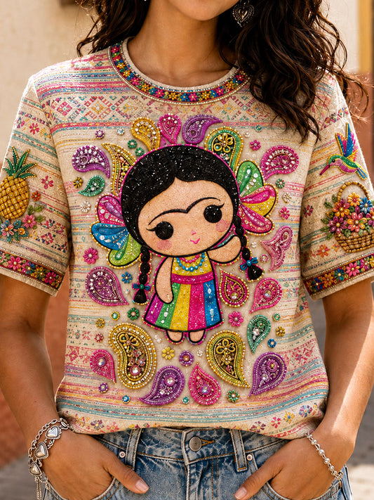 Camiseta estampada con arte de la muñeca Lele mexicana Guelaguetza para mujer