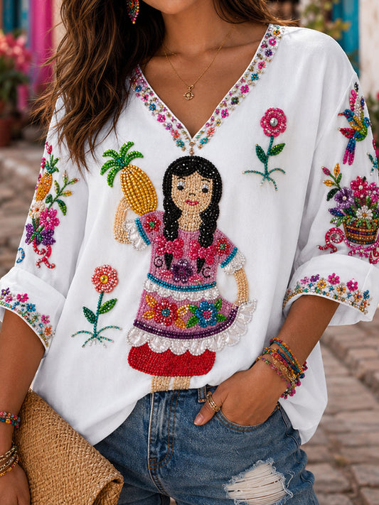 Camiseta de lino estampada con arte de muñeca Lele mexicana para mujer, Guelaguetza