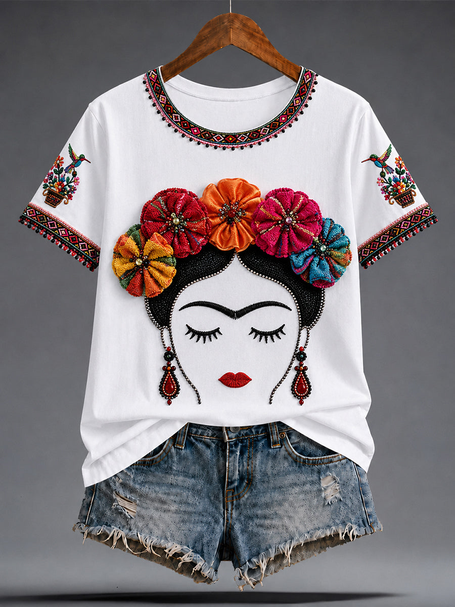 Camiseta estampada con arte de la muñeca Lele mexicana Guelaguetza para mujer