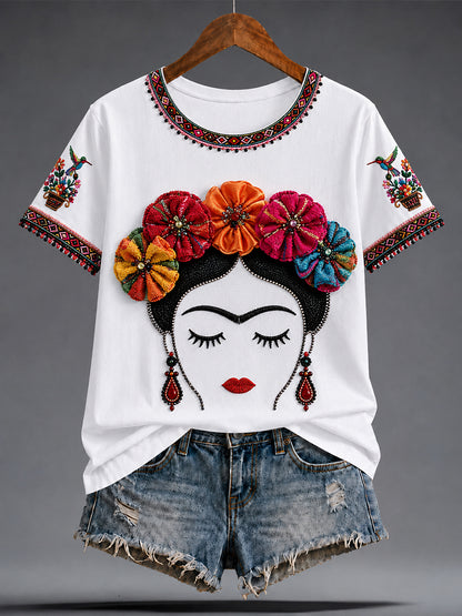 Camiseta estampada con arte de la muñeca Lele mexicana Guelaguetza para mujer
