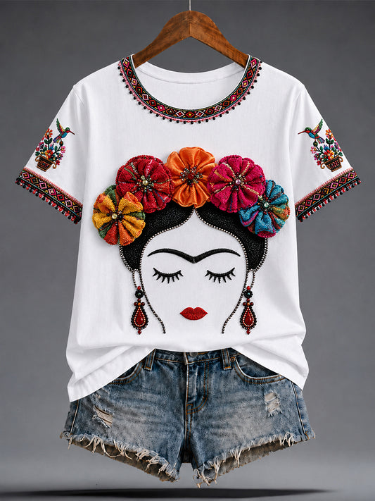 Camiseta estampada con arte de la muñeca Lele mexicana Guelaguetza para mujer