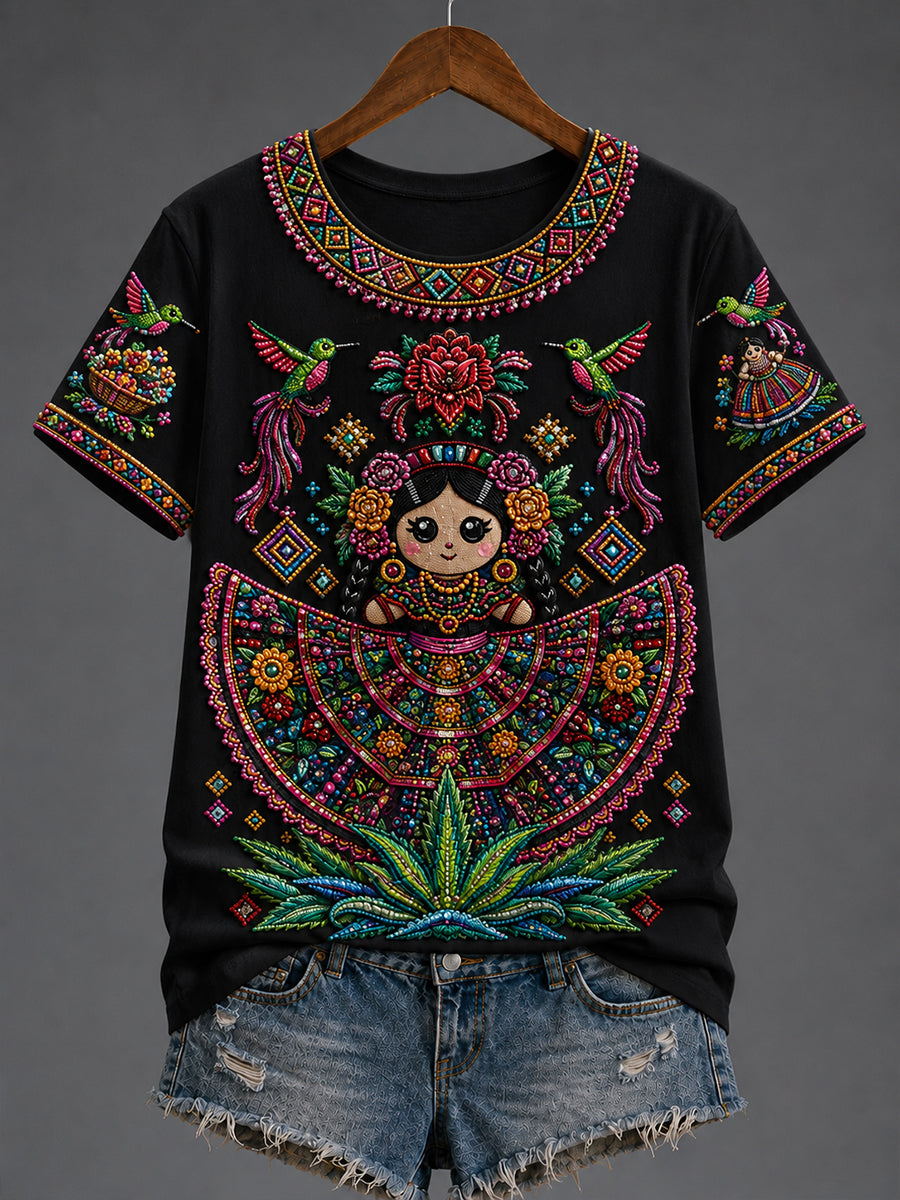 Camiseta estampada con arte de la muñeca Lele mexicana Guelaguetza para mujer