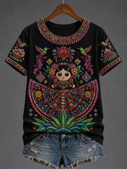 Camiseta estampada con arte de la muñeca Lele mexicana Guelaguetza para mujer