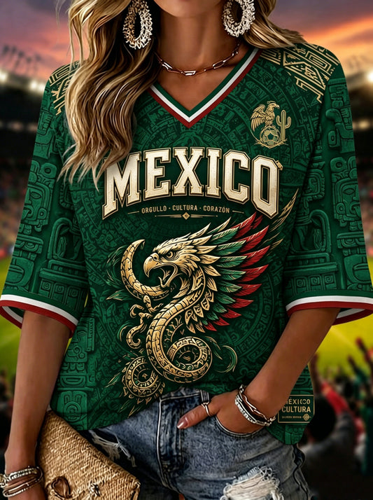 Camiseta informal estampada de aficionada mexicana de fútbol para mujer