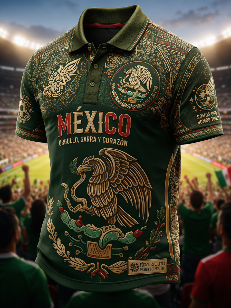 Polo casual estampado de aficionado mexicano al fútbol para hombre