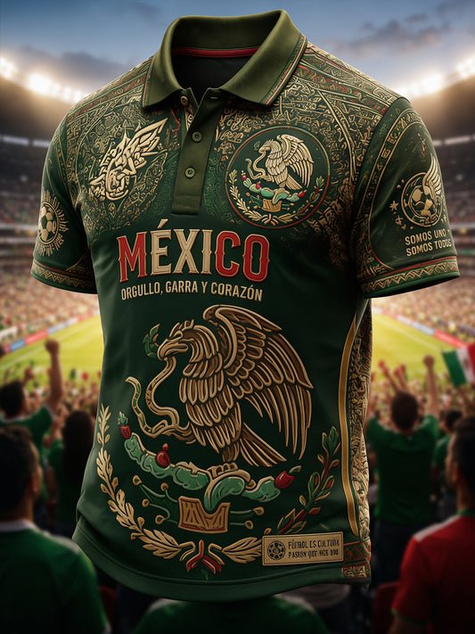 Polo casual estampado de aficionado mexicano al fútbol para hombre