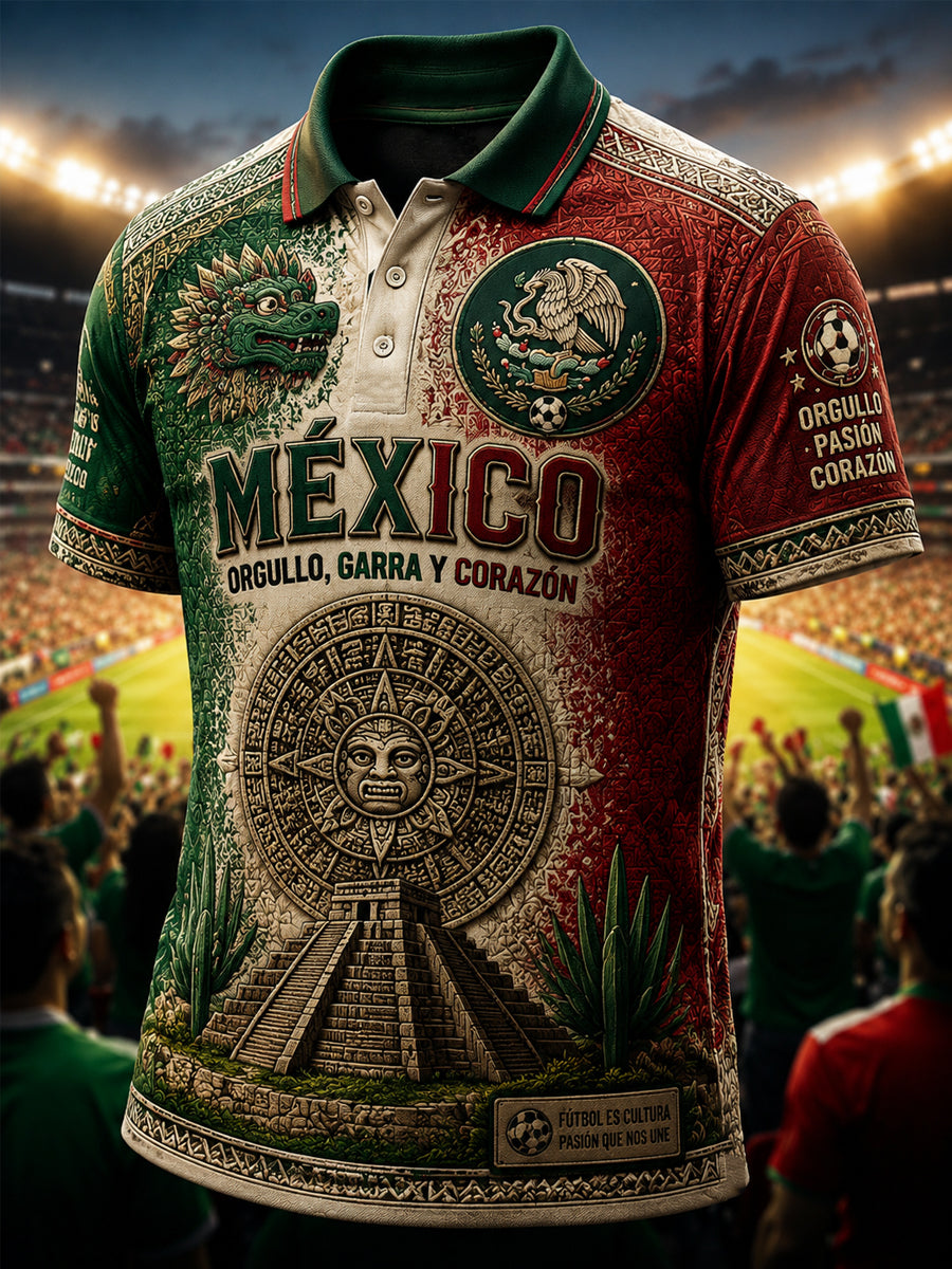 Polo casual estampado de aficionado mexicano al fútbol para hombre