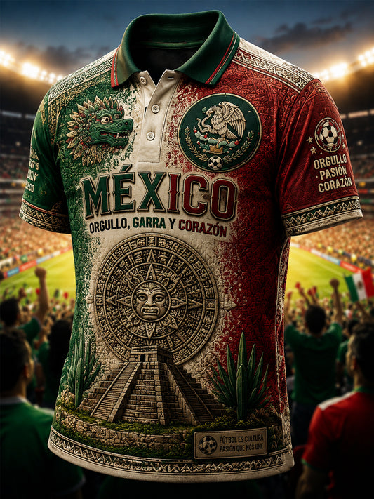 Polo casual estampado de aficionado mexicano al fútbol para hombre